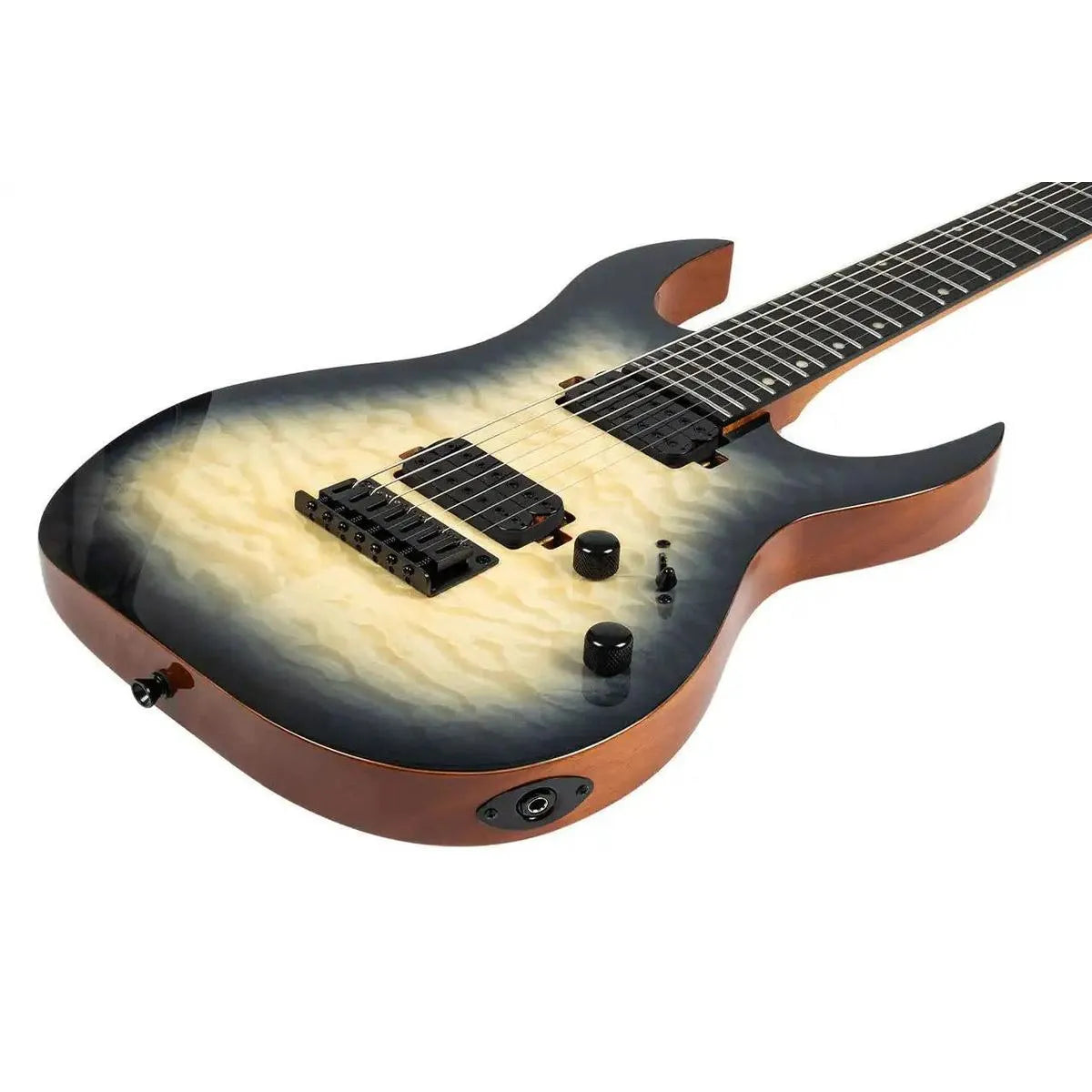 Spira S-507 QGY E 7-string electric guitar with transparent grey quilted maple top and mahogany body.