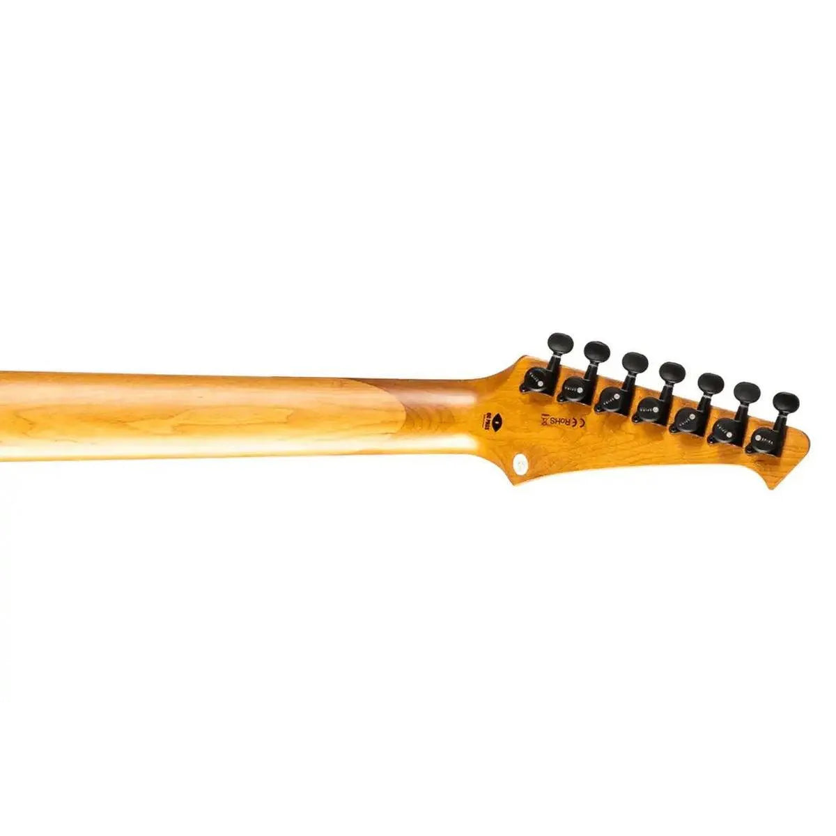 Spira S-507 QGY E 7-string electric guitar's roasted maple neck and headstock with black tuners.