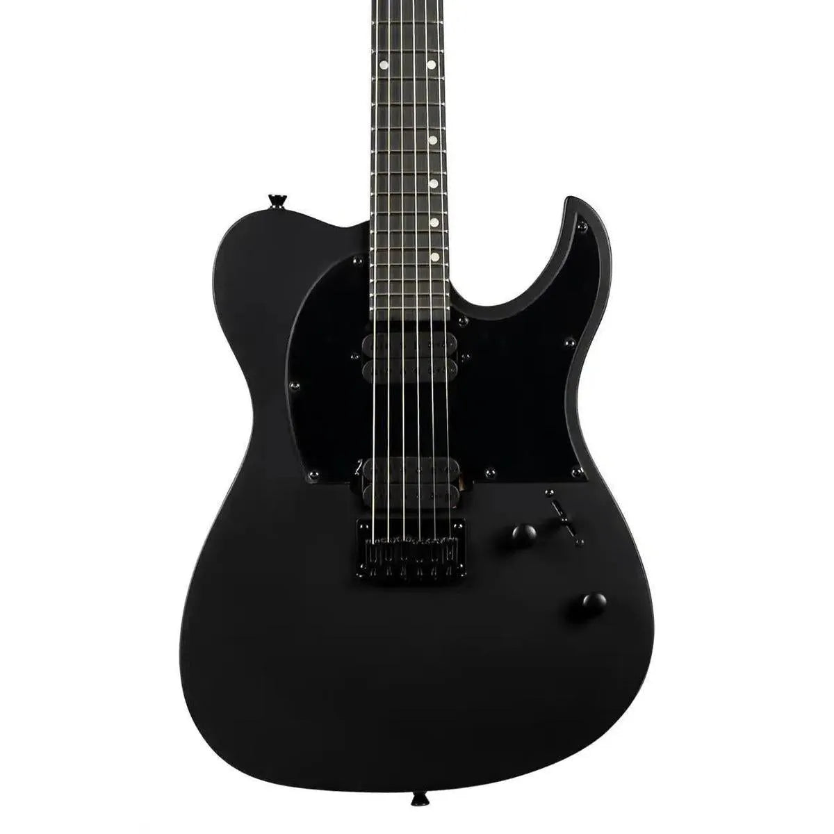 Spira T-400 MBK satin black solid body Telecaster electric guitar with black hardware and ebony fretboard.