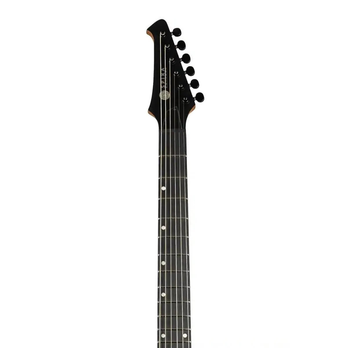 Spira T-400 MBK electric guitar headstock and fretboard with satin black finish.