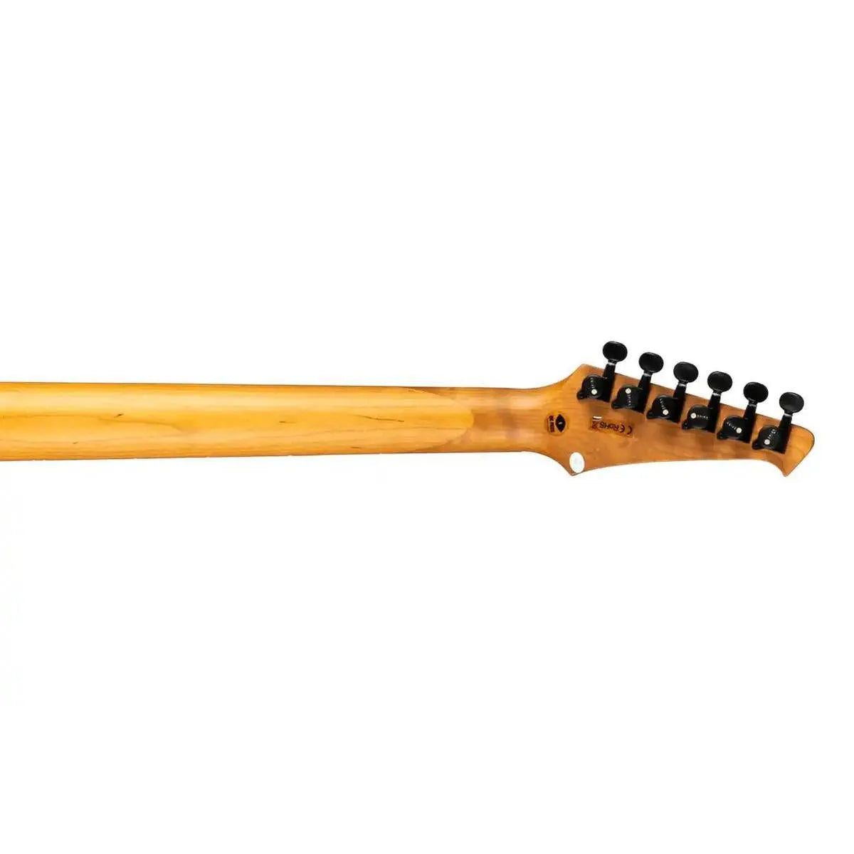 Spira T-400 MBK Telecaster electric guitar's roasted maple neck and headstock with black tuners.