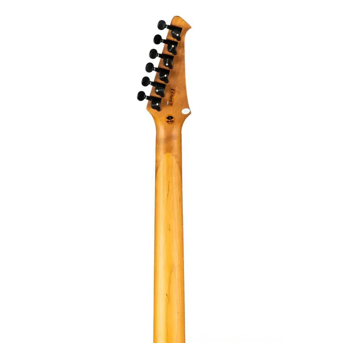 Spira T-400 MBK Telecaster electric guitar's roasted maple neck and headstock with black tuners.