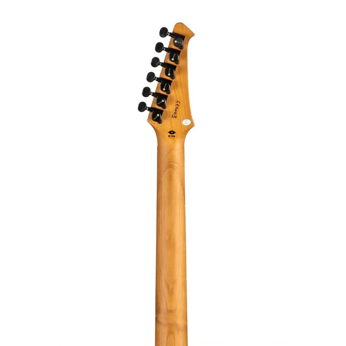 Spira T-400 Telecaster electric guitar's roasted maple neck and black tuners on the headstock.