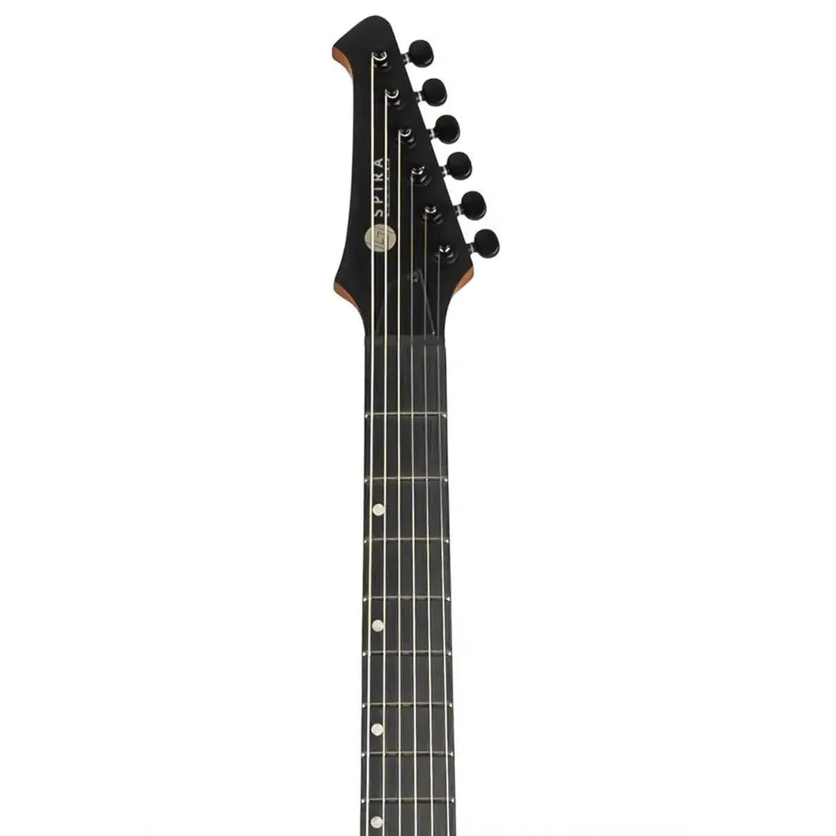 Spira T-400 MWR Telecaster electric guitar headstock and fretboard with black tuners and white dot inlays.