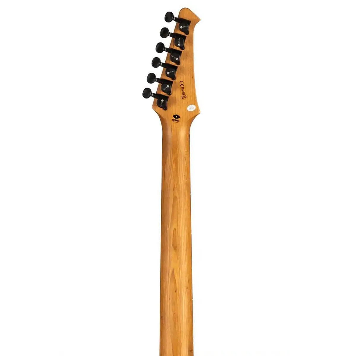 Spira T-400 MWR Telecaster electric guitar's roasted maple neck and headstock with black tuners.