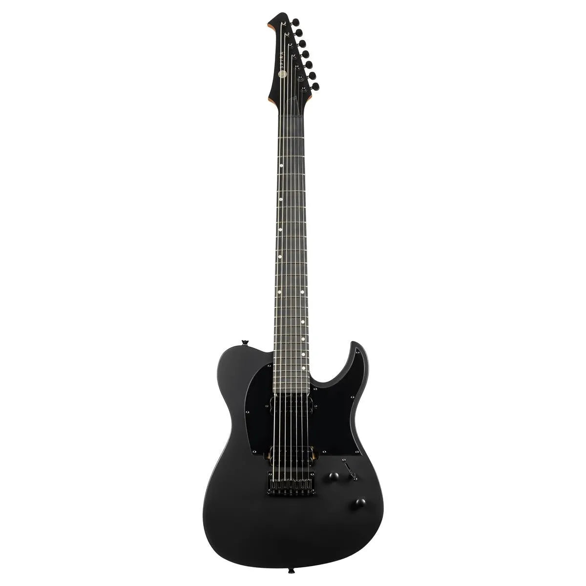 Spira T-407 MBK solid body black T-style 7-string electric guitar with ebony fretboard.