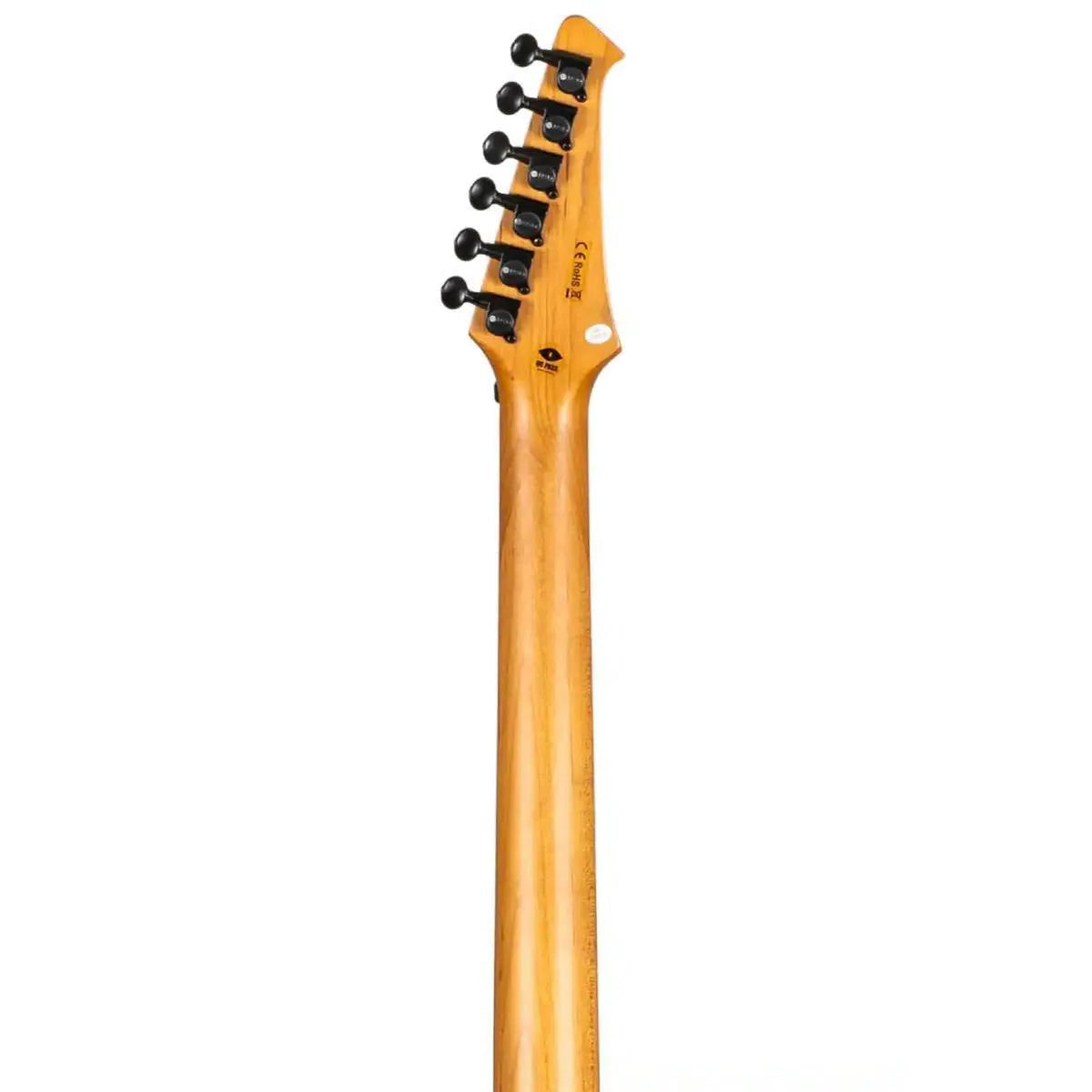 Back of Spira T-420 electric guitar neck and headstock with roasted maple and black tuners.