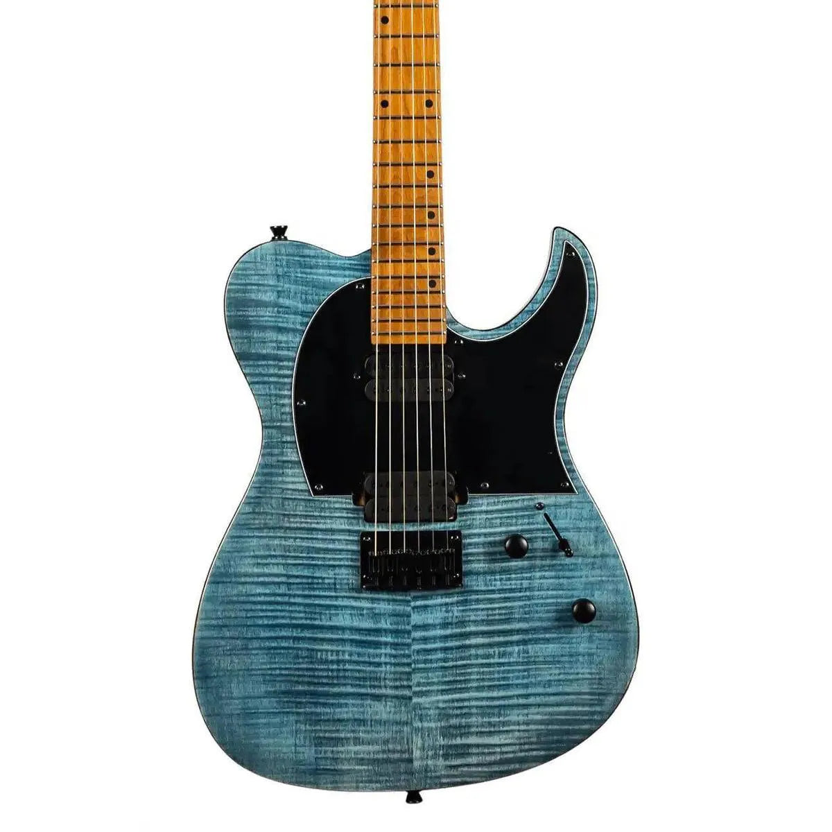 Spira T-450 TDB Transparent Blue Telecaster electric guitar with flamed maple top, black pickguard, and roasted maple neck.