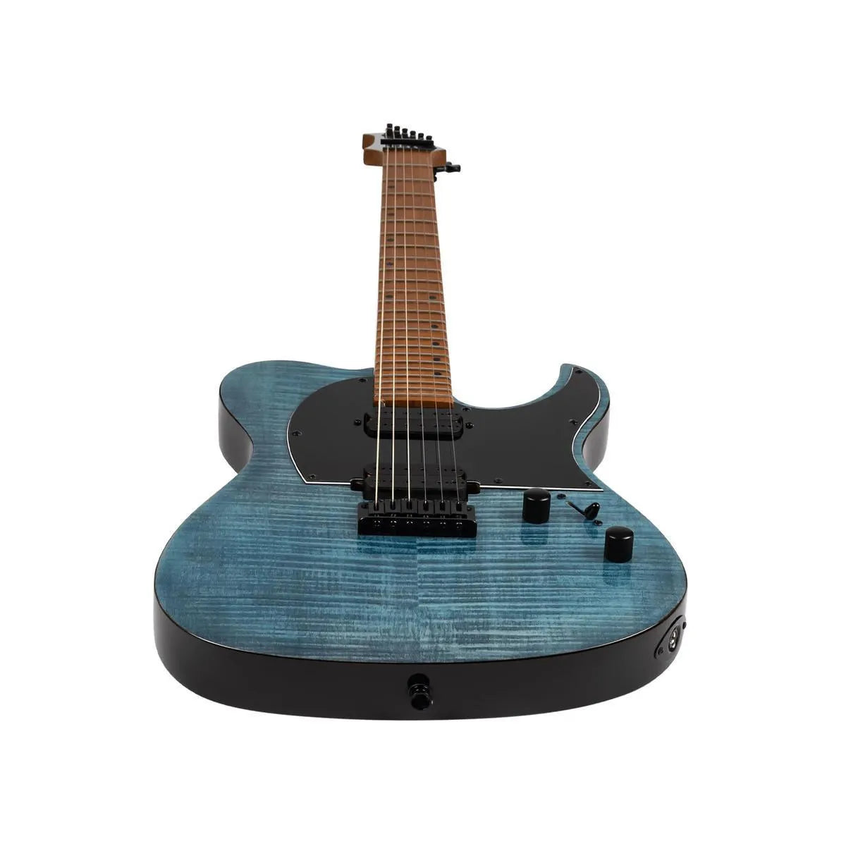 Spira T-450 TDB Transparent Blue Telecaster electric guitar with flamed maple top and black hardware.