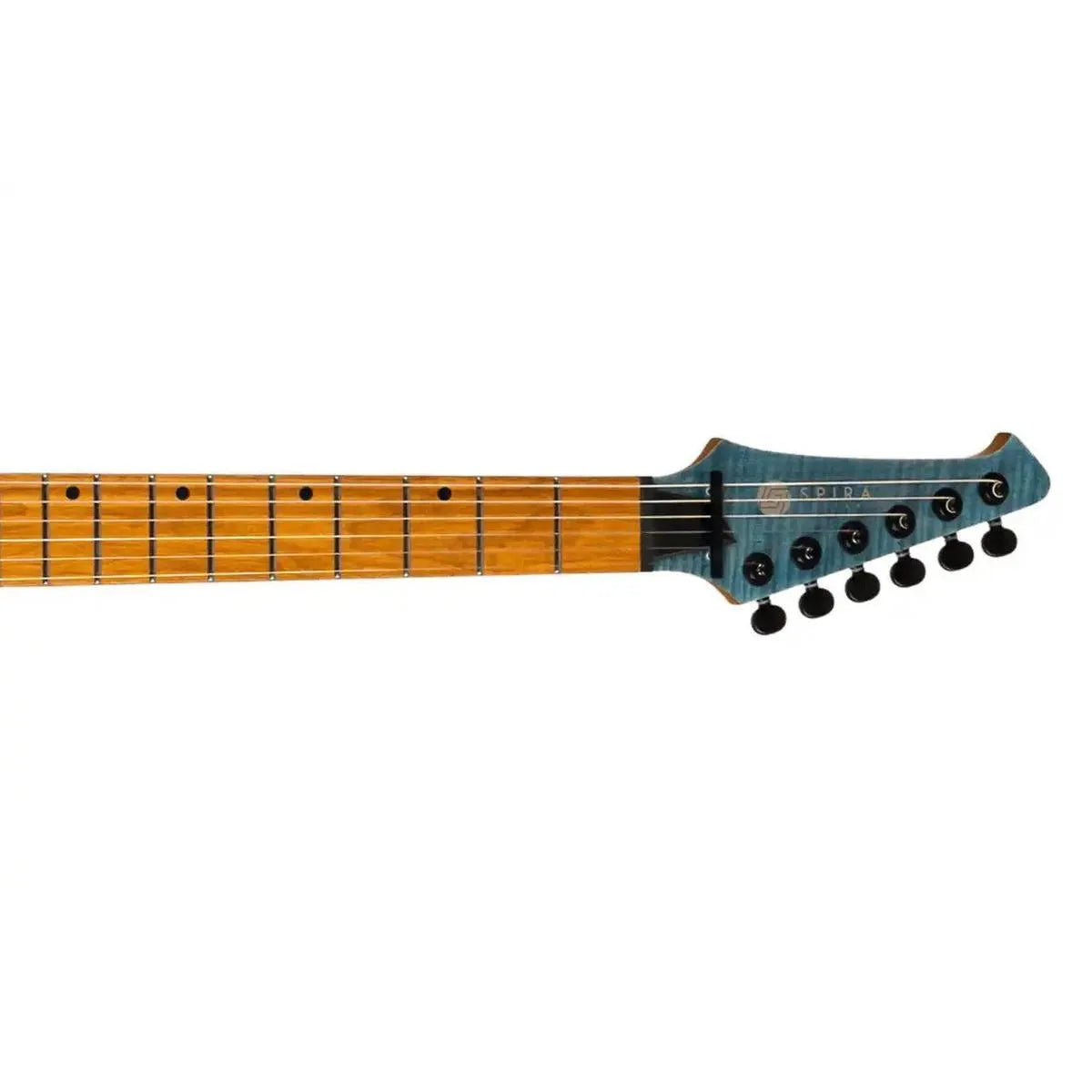 Spira T-450 TDB Telecaster electric guitar headstock and fretboard in transparent blue.