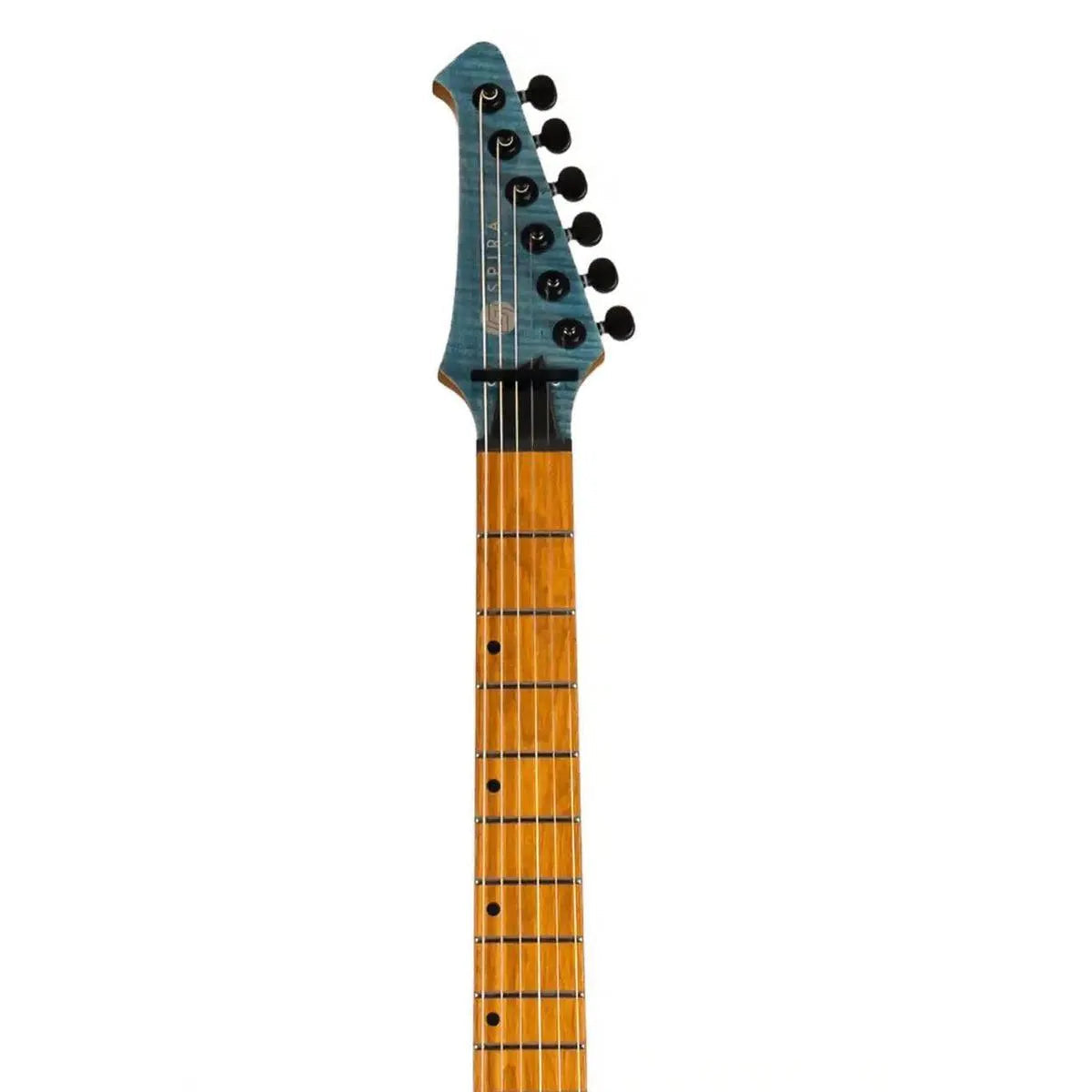 Spira T-450 TDB Telecaster electric guitar headstock and fretboard in transparent blue.