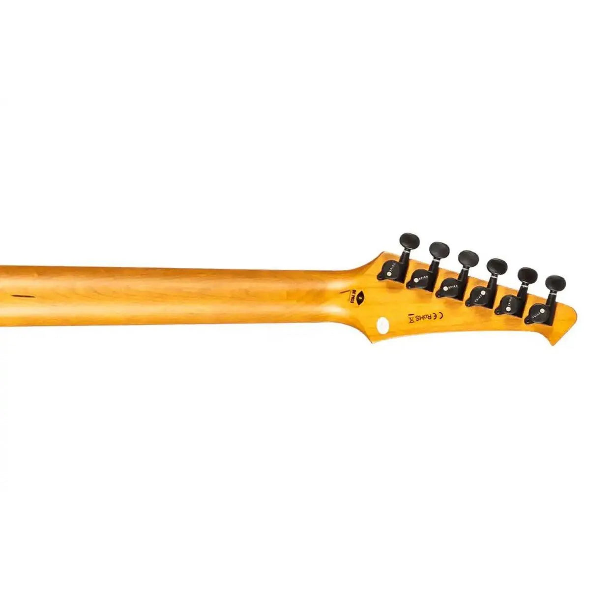 Spira T-450 TDB Telecaster electric guitar headstock with black locking tuners and roasted maple neck.