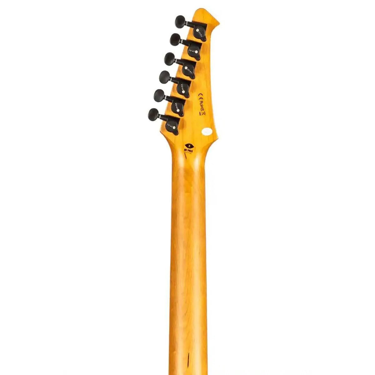 Spira T-450 TDB Telecaster electric guitar headstock with black locking tuners and roasted maple neck.