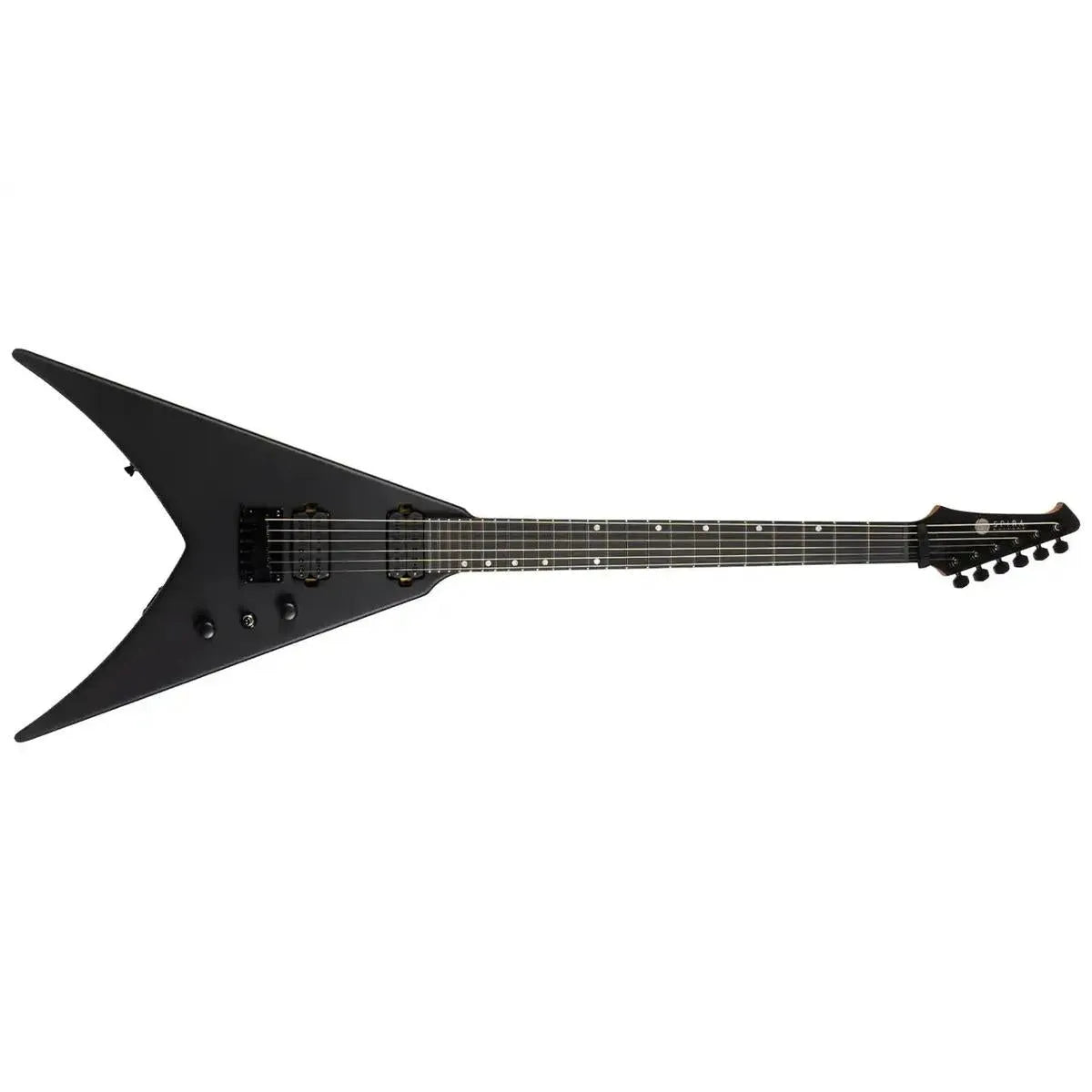 Spira V-400 MBK satin black solid body Flying V electric guitar with black hardware.