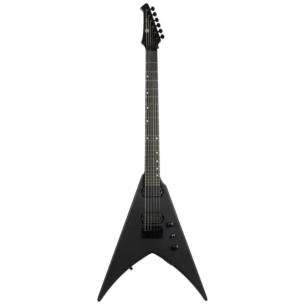Spira V-400 MBK satin black solid body Flying V electric guitar with black hardware.