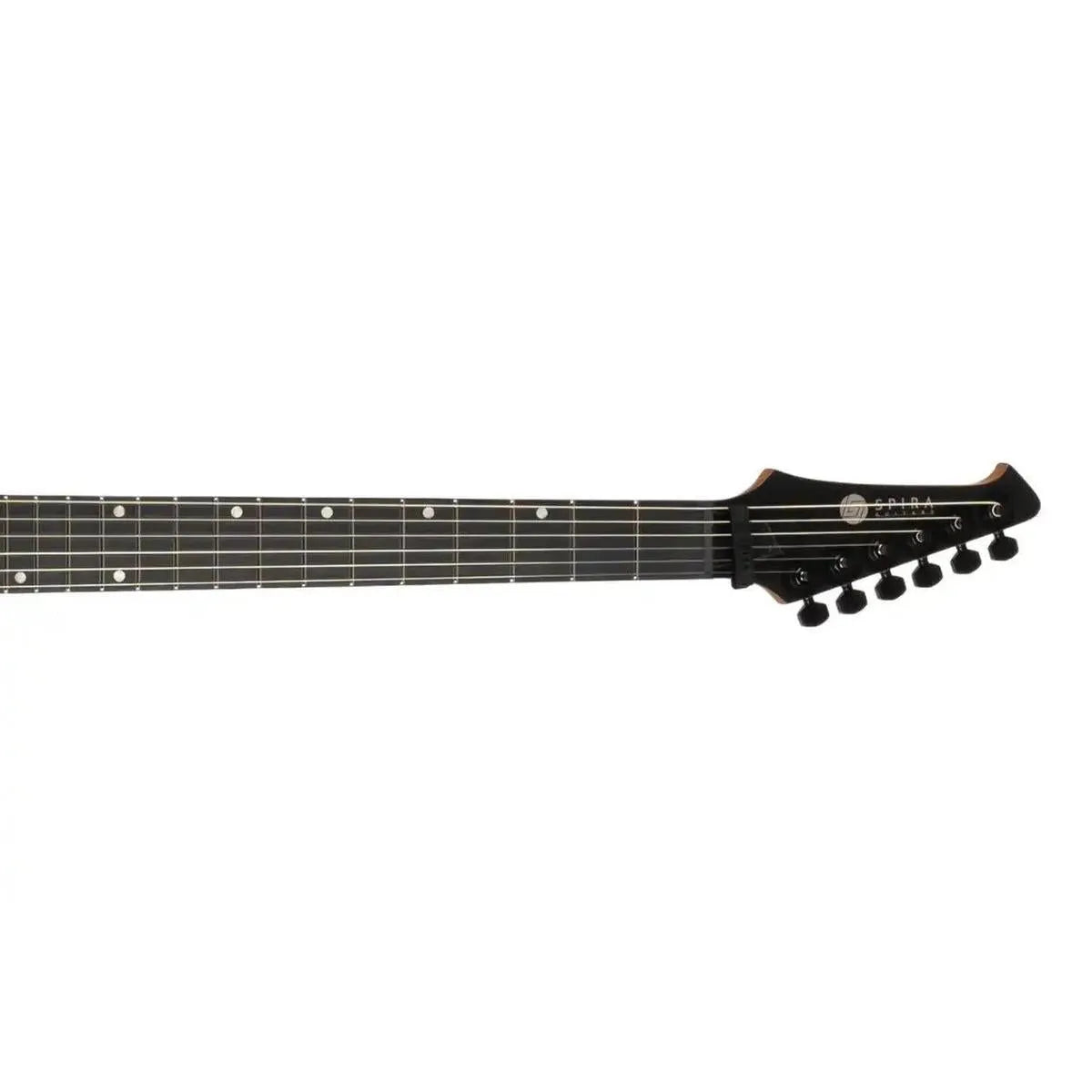 Spira V-400 MBK satin black electric guitar headstock and fretboard with 24 jumbo frets.