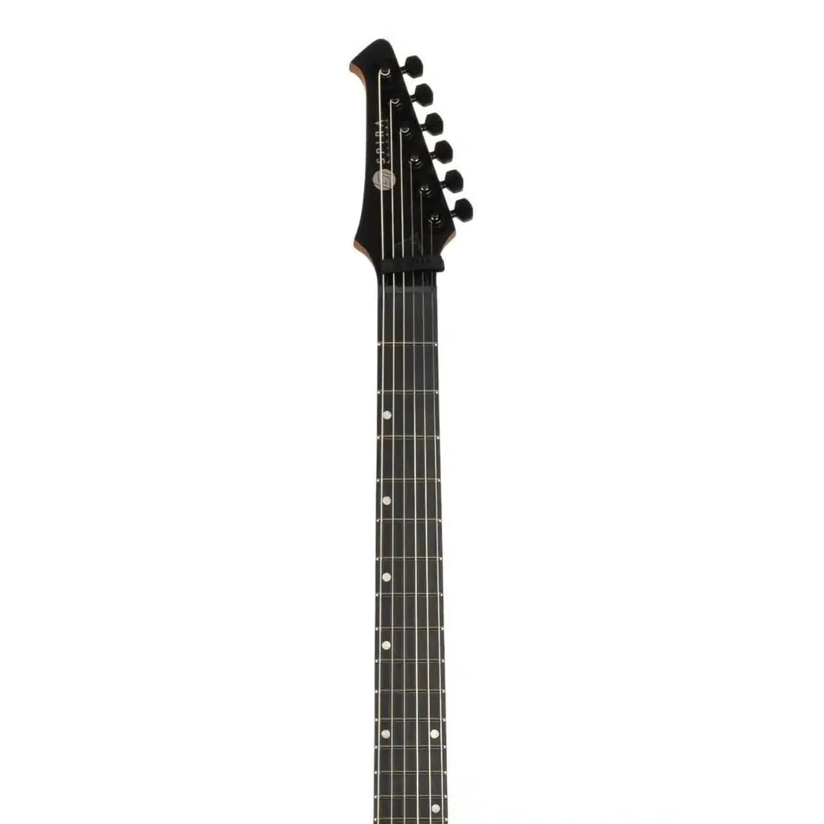 Spira V-400 MBK satin black electric guitar headstock and fretboard with 24 jumbo frets.
