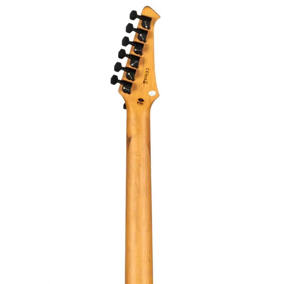 Spira V-400 MBK Flying V electric guitar's roasted maple neck and black headstock with tuners.