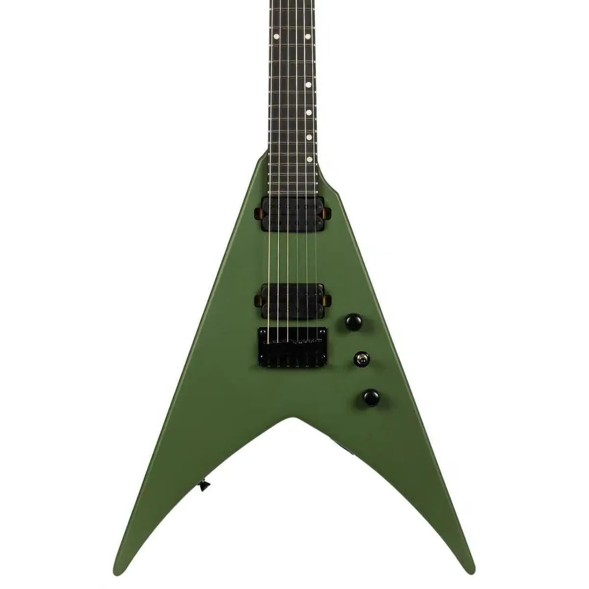 Spira V-400 MGR satin green solid body Flying V electric guitar with black hardware.