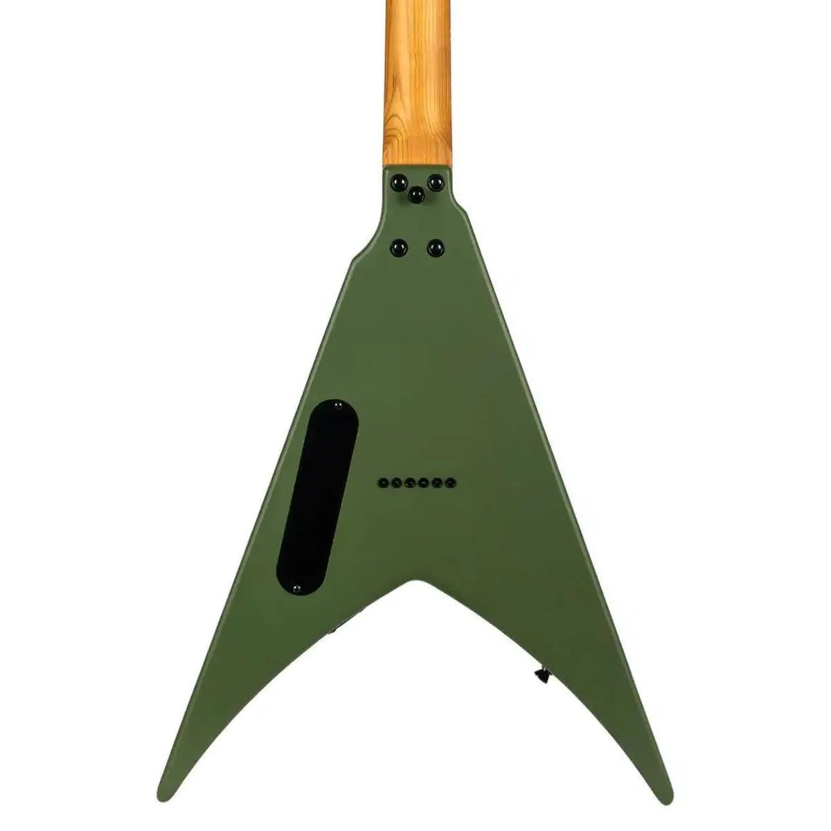 Back of a Spira V-400 MGR Satin Green Flying V electric guitar with a roasted maple neck.