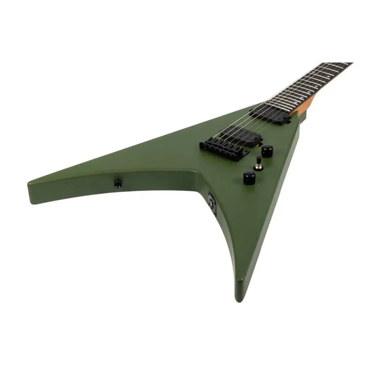 Spira V-400 MGR Satin Green Solid Body Flying V Electric Guitar with black hardware.