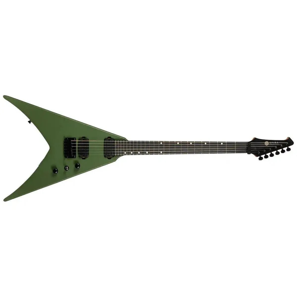 Spira V-400 MGR Satin Green Solid Body Flying V Electric Guitar with black hardware.