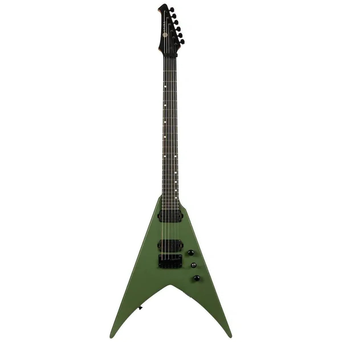 Spira V-400 MGR Satin Green Solid Body Flying V Electric Guitar with black hardware.