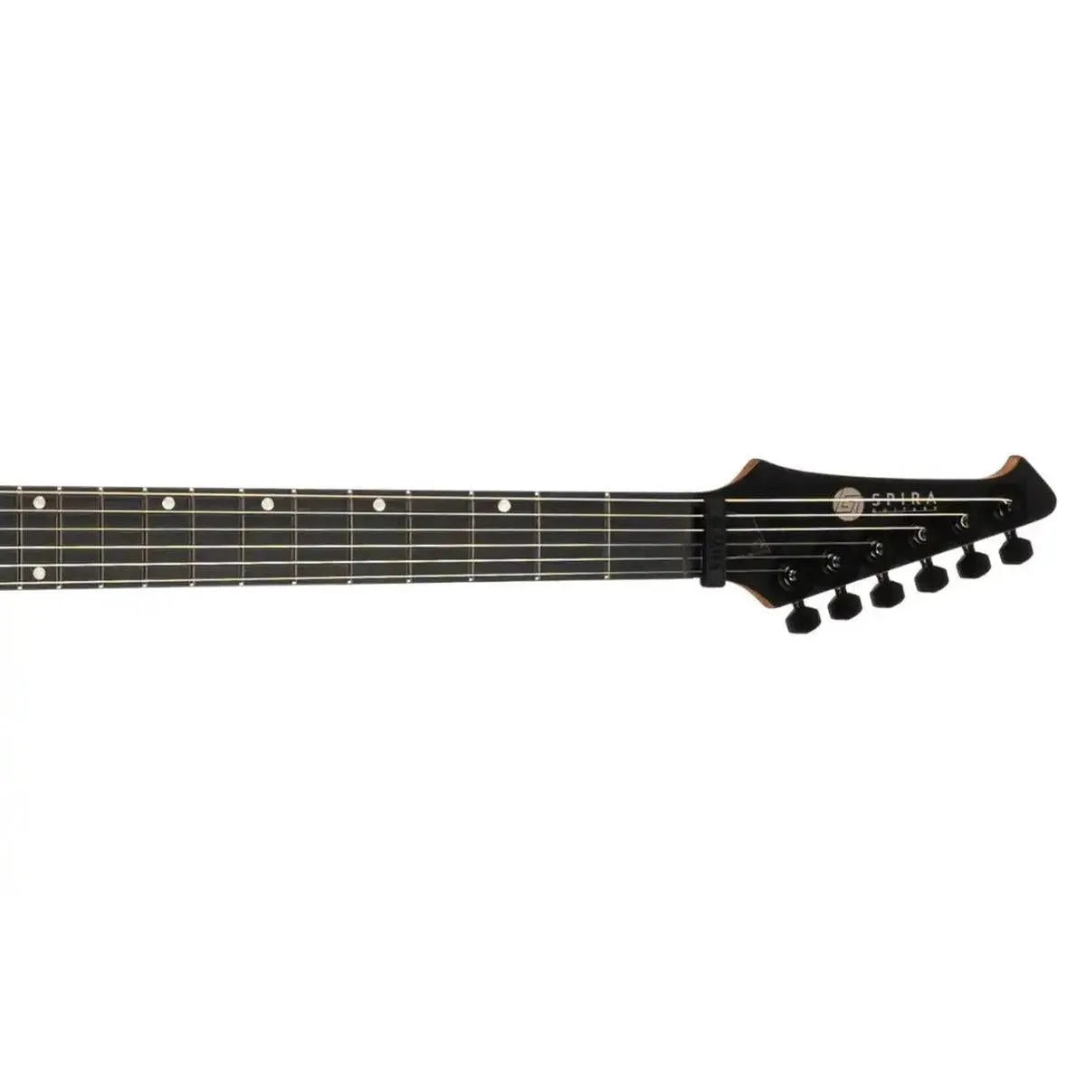 Spira V-400 MGR electric guitar headstock and fretboard with black tuners and white fret markers.