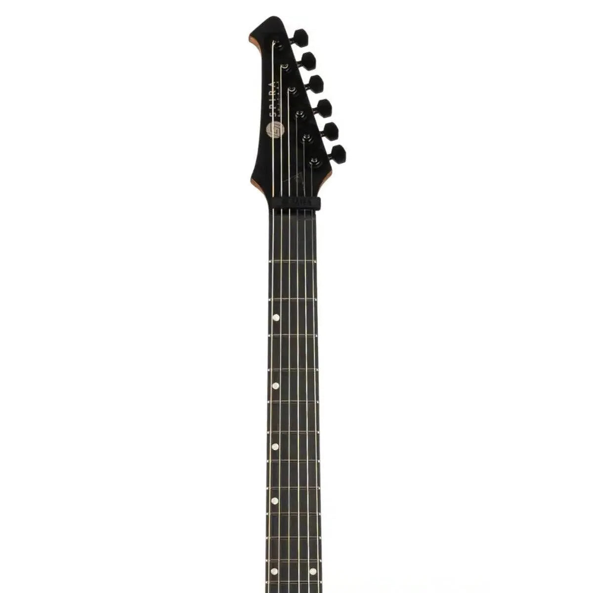 Spira V-400 MGR electric guitar headstock and fretboard with black tuners and white fret markers.