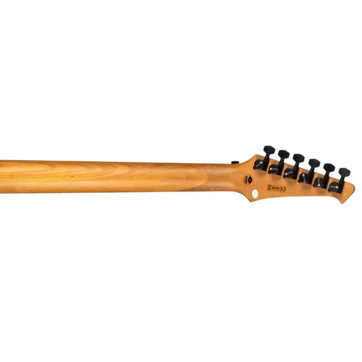 Spira V-400 MGR electric guitar's roasted maple neck and headstock with black tuners.