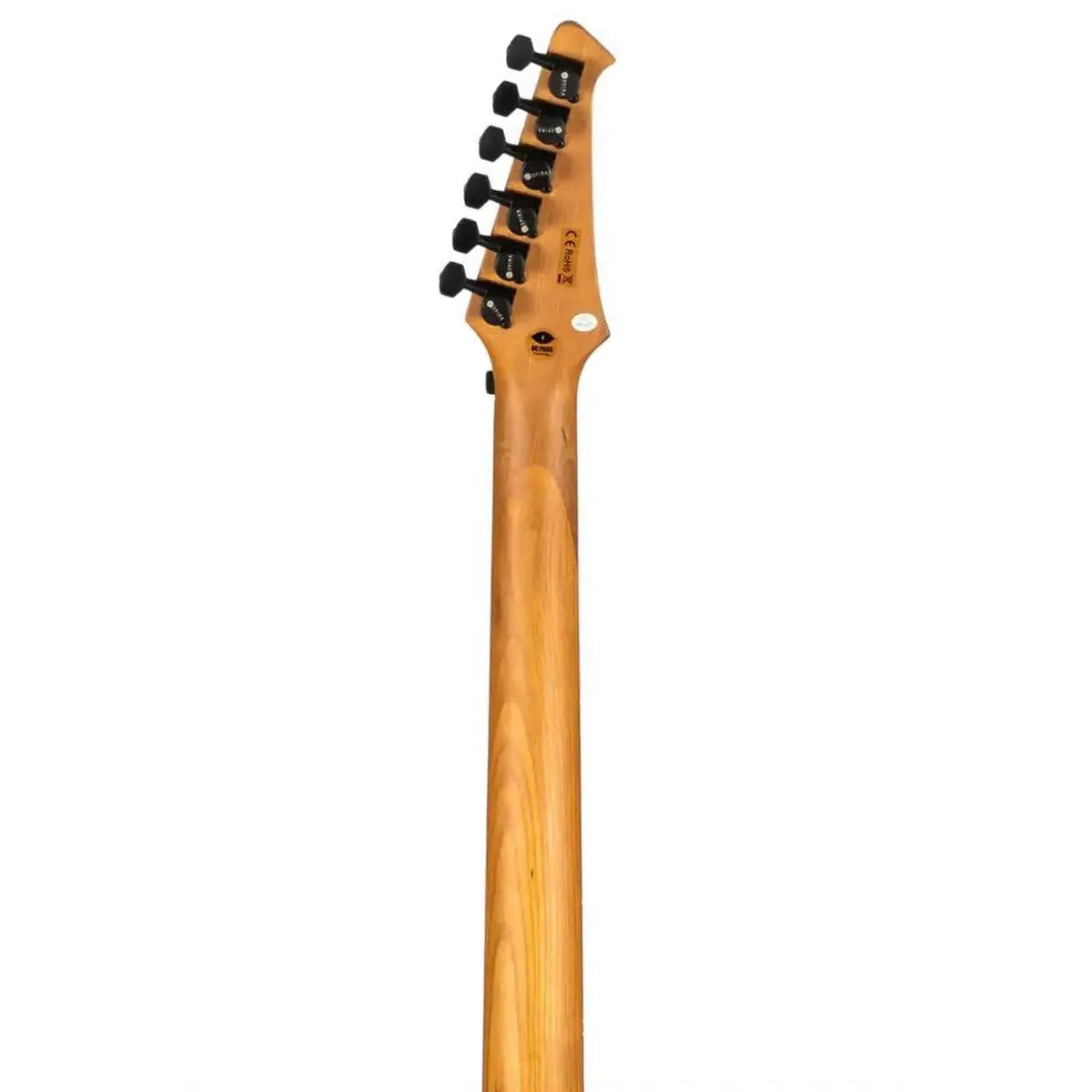 Spira V-400 MGR electric guitar's roasted maple neck and headstock with black tuners.