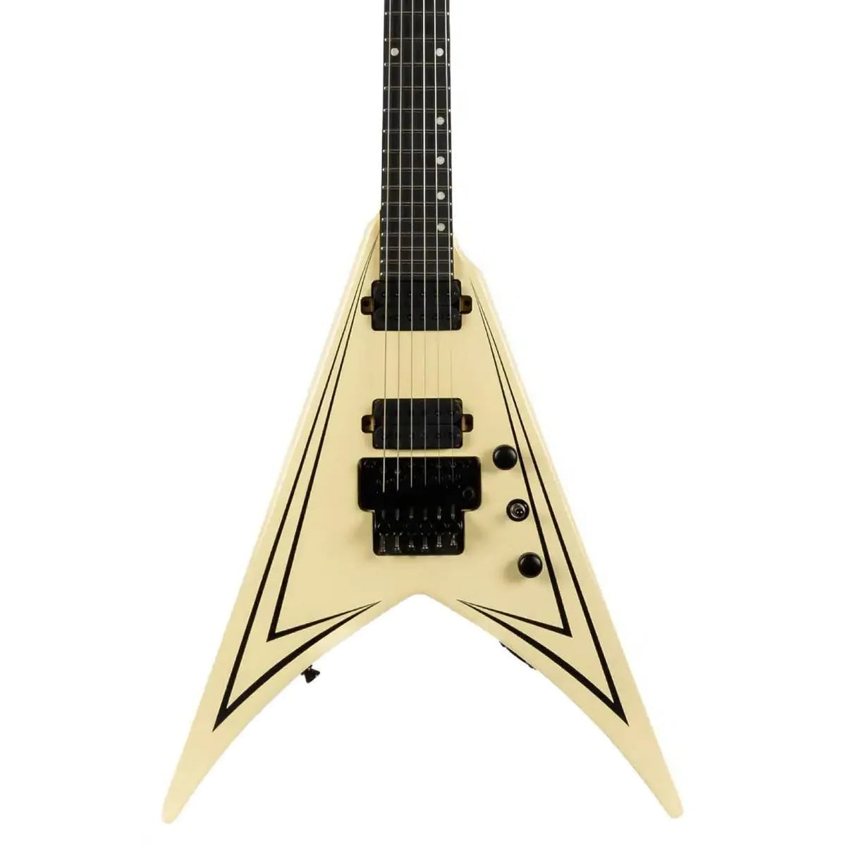 Spira V-420 AWH Flying V electric guitar in antique white with black pinstripes and hardware.