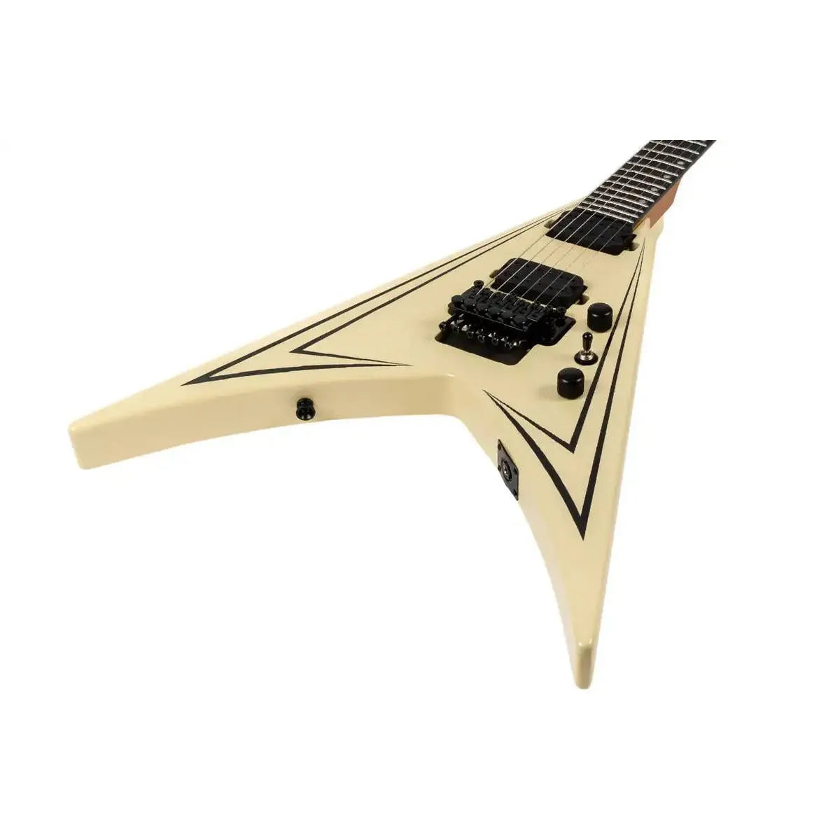 Spira V-420 AWH Antique White Flying V electric guitar with black pinstripes and hardware.