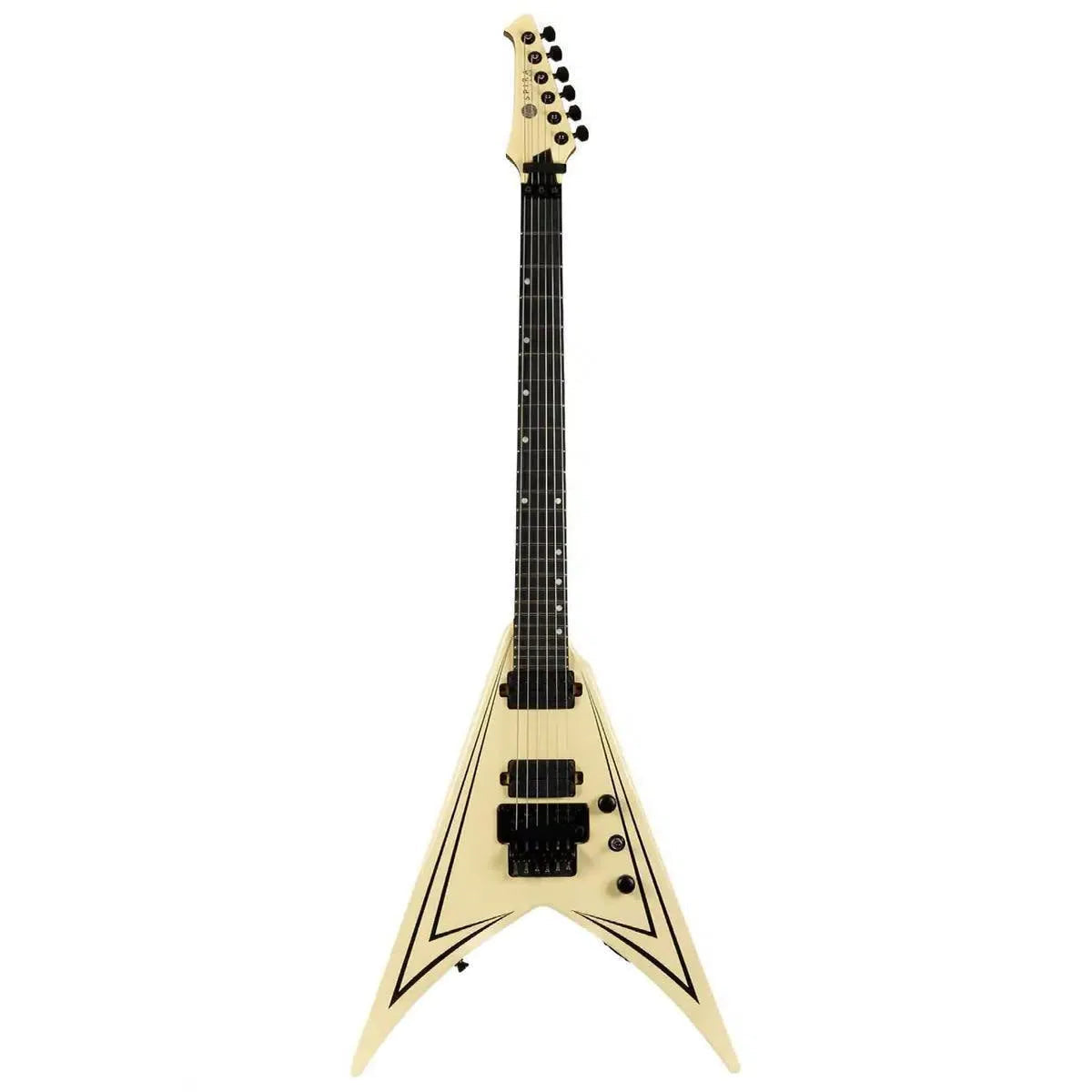 Spira V-420 AWH Flying V electric guitar in antique white with black pinstripes and hardware.