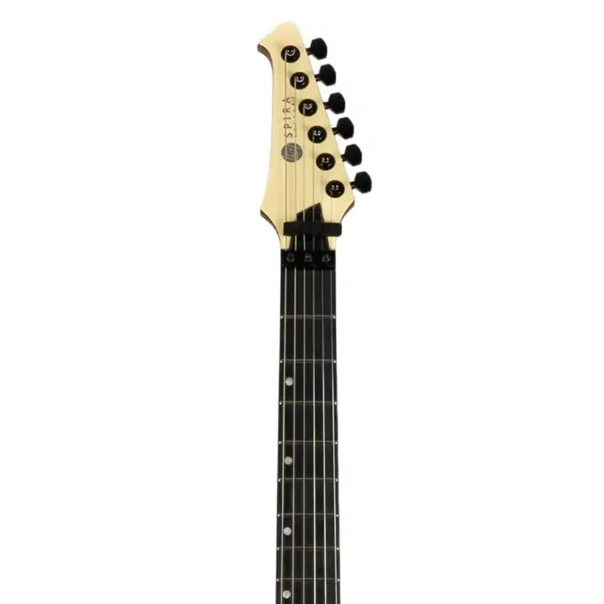 Spira V-420 AWH electric guitar headstock and fretboard with antique white finish and black tuners.