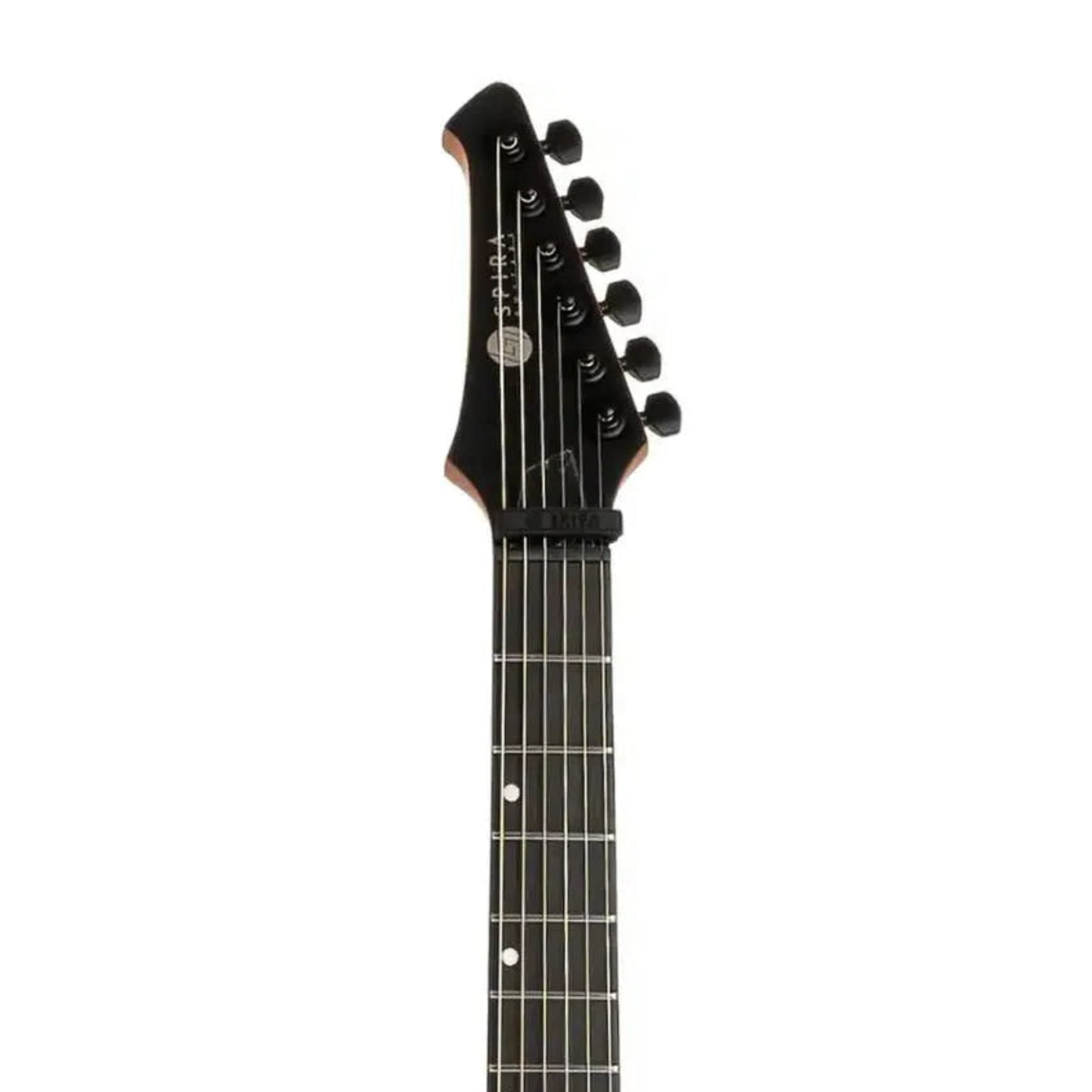 Spira X-400 MBK electric guitar headstock and fretboard in satin black with 6 tuners.