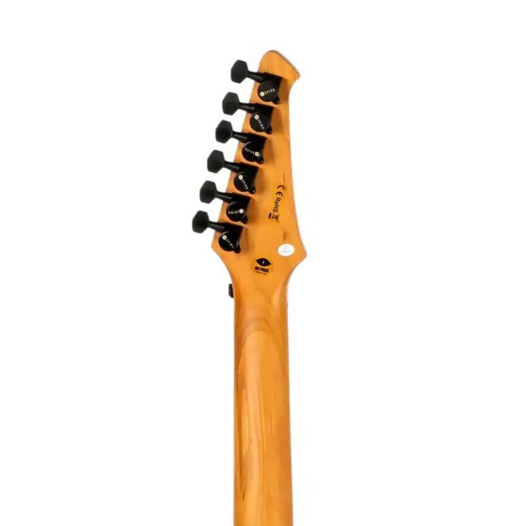 Spira X-400 electric guitar's roasted maple neck and headstock with black tuners.