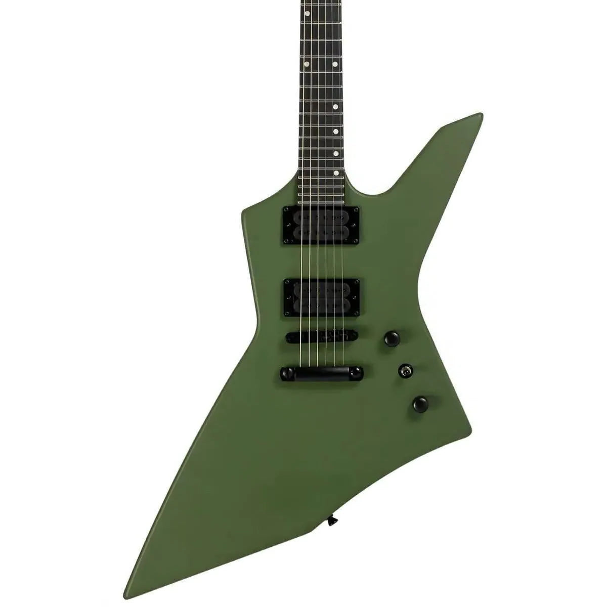 Spira X-400 MGR satin green solid body offset electric guitar with black hardware.