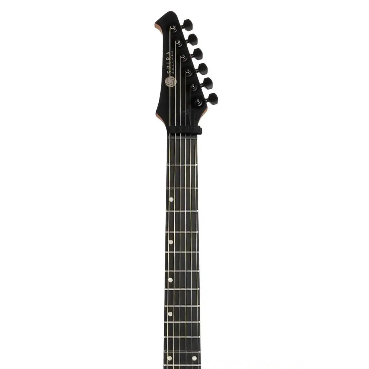 Spira X-400 MGR electric guitar headstock and fretboard with black tuners and white fret markers.
