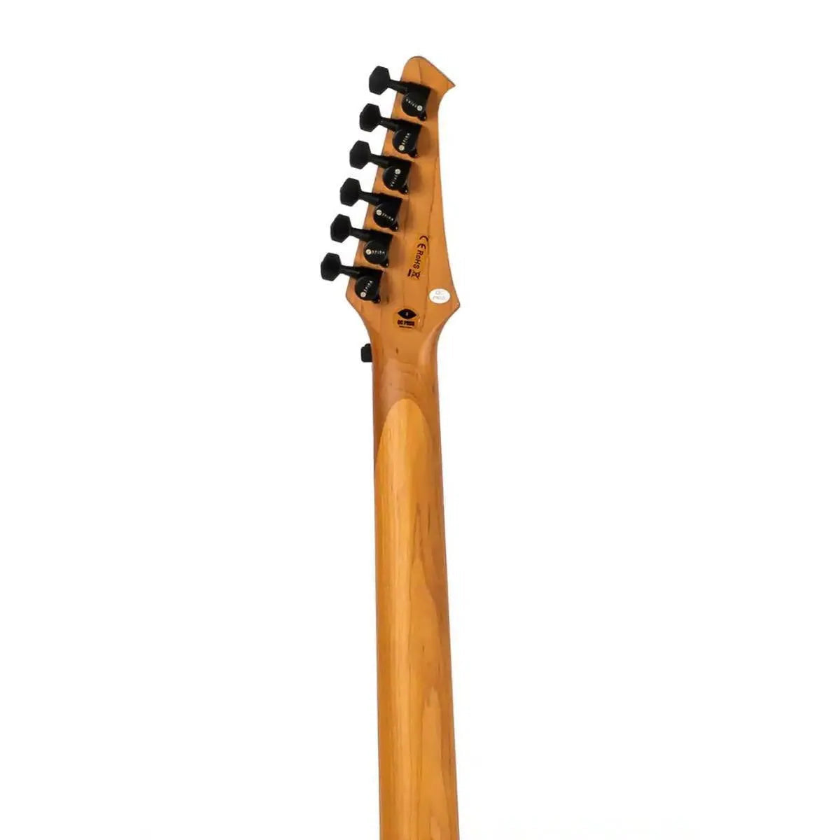 Spira X-400 MGR electric guitar's roasted maple neck and headstock with black tuners.