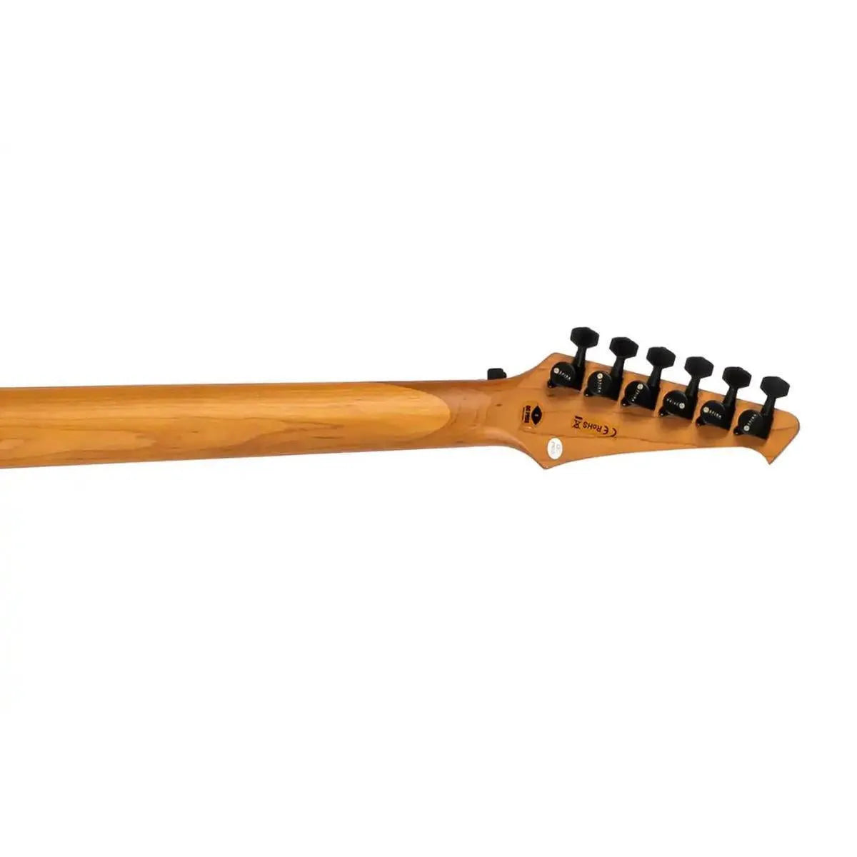 Spira X-400 MGR electric guitar's roasted maple neck and headstock with black tuners.