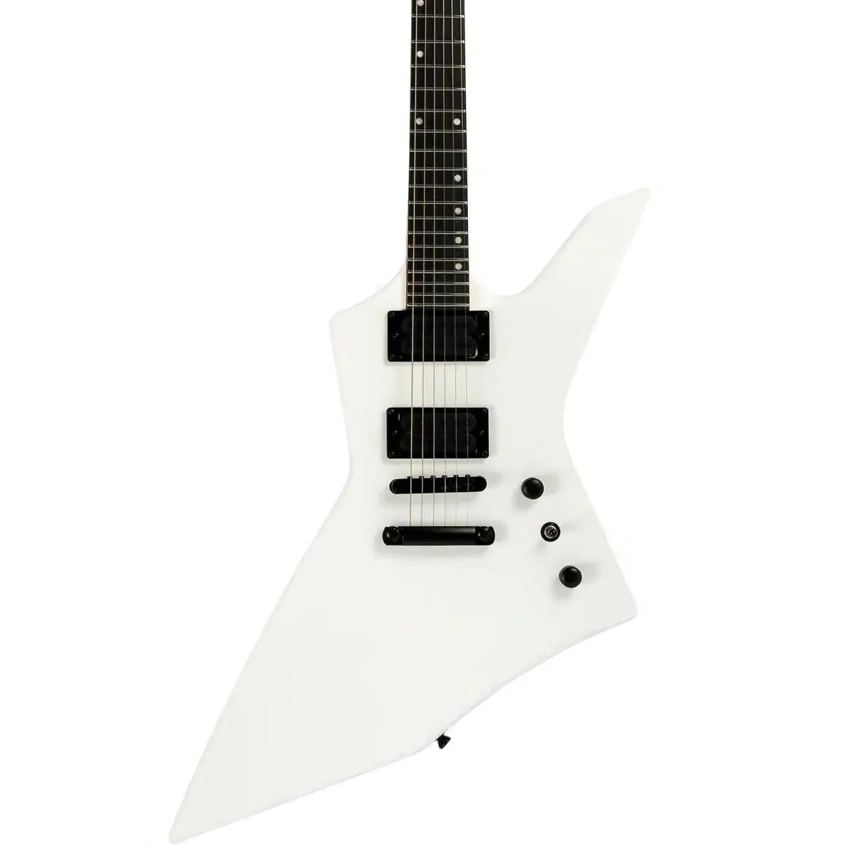 Spira X-400 MWH satin white offset electric guitar with black humbuckers and controls.