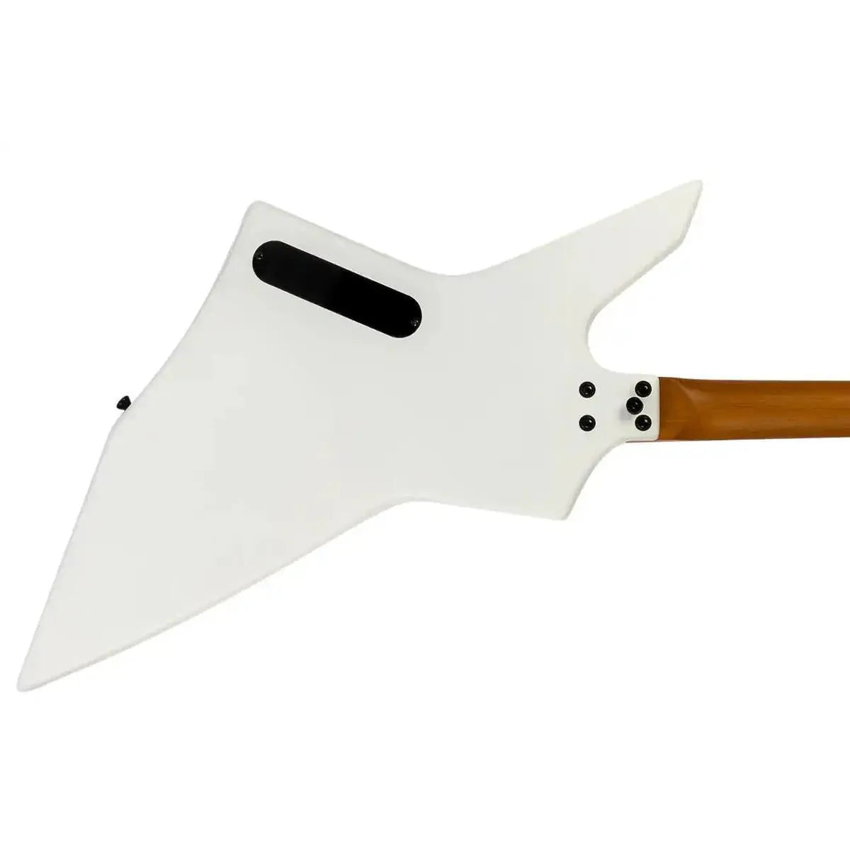 Spira X-400 MWH satin white solid body offset electric guitar, back view showing roasted maple neck.