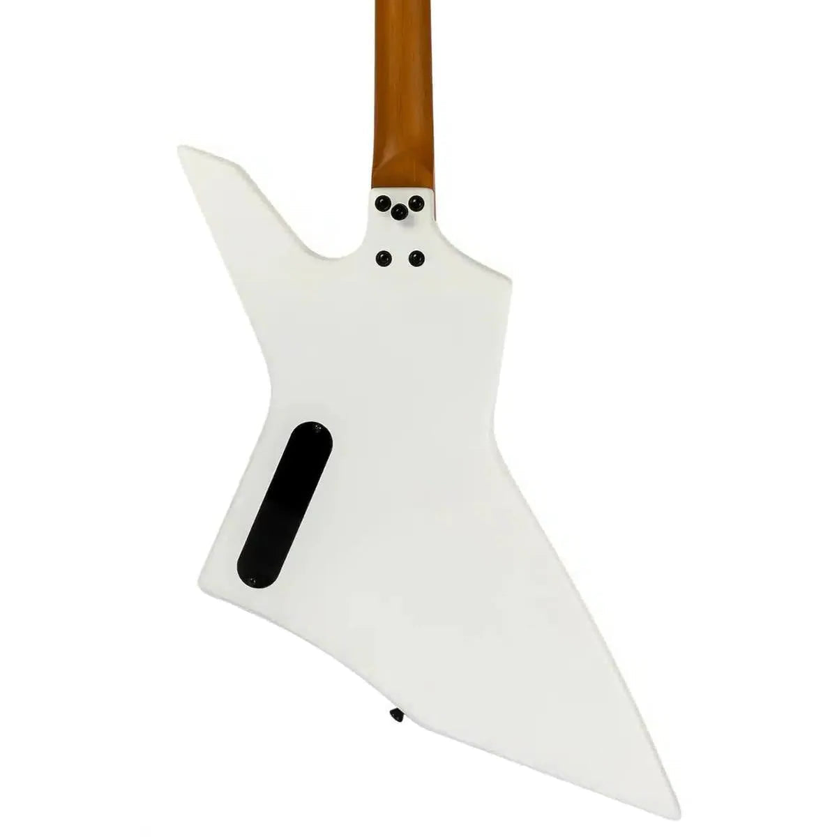Spira X-400 MWH satin white solid body offset electric guitar, back view showing roasted maple neck.