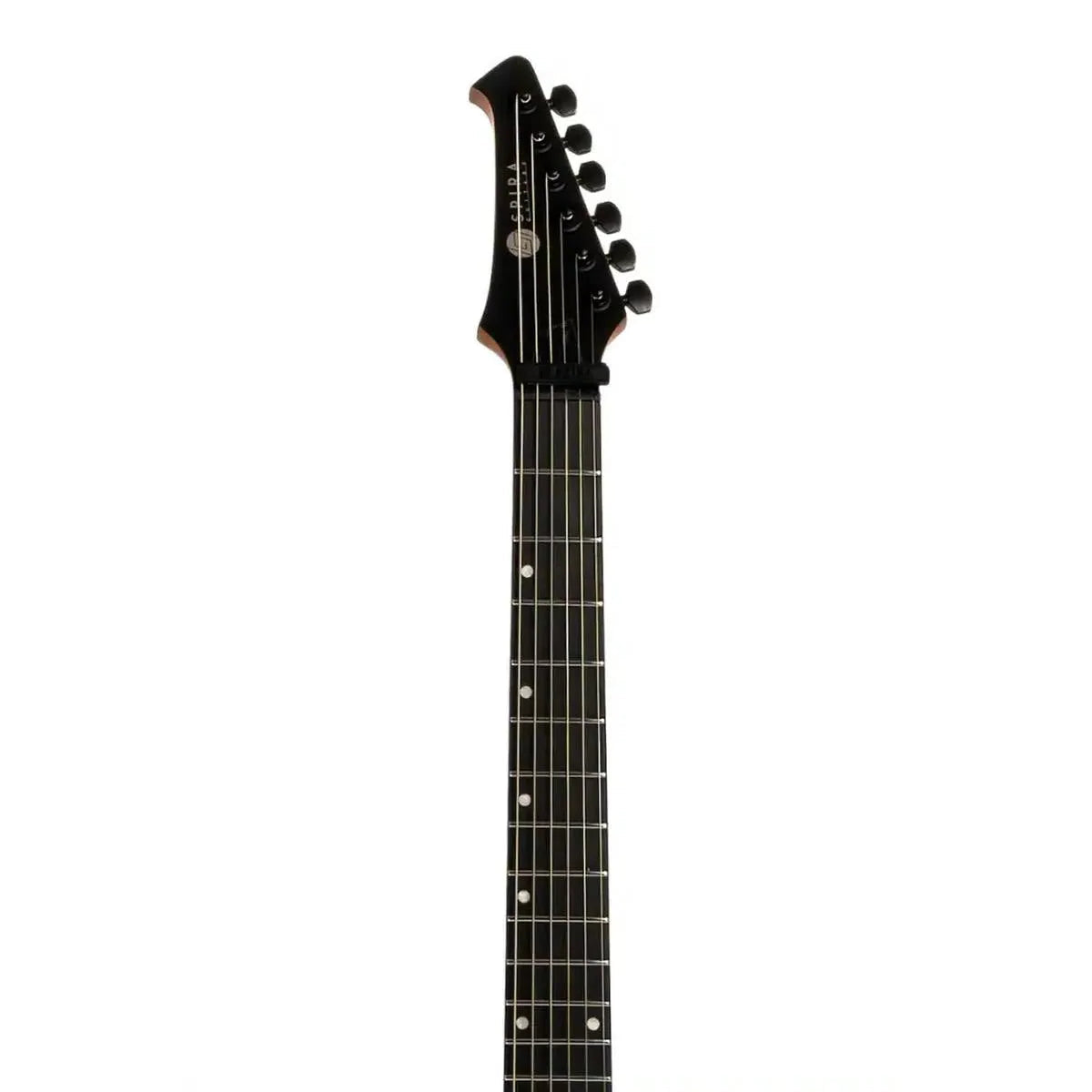 Spira X-400 electric guitar headstock and fretboard with black tuners and ebony tech material.