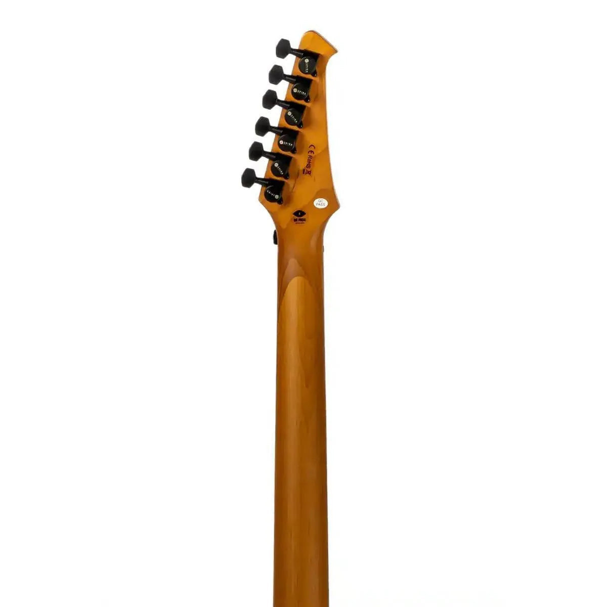 Spira X-400 electric guitar's roasted maple neck and headstock with black tuning machines.
