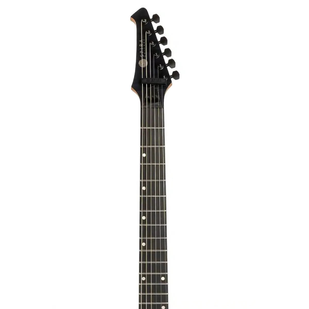Spira X-500 TBK E electric guitar headstock and fretboard with black tuners and white fret markers.