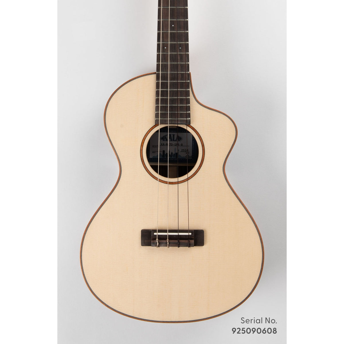 Kala METD-SPR-B Metropolitan Deluxe baritone ukulele, serial 925090608, front view showing the solid spruce top and mahogany rosette