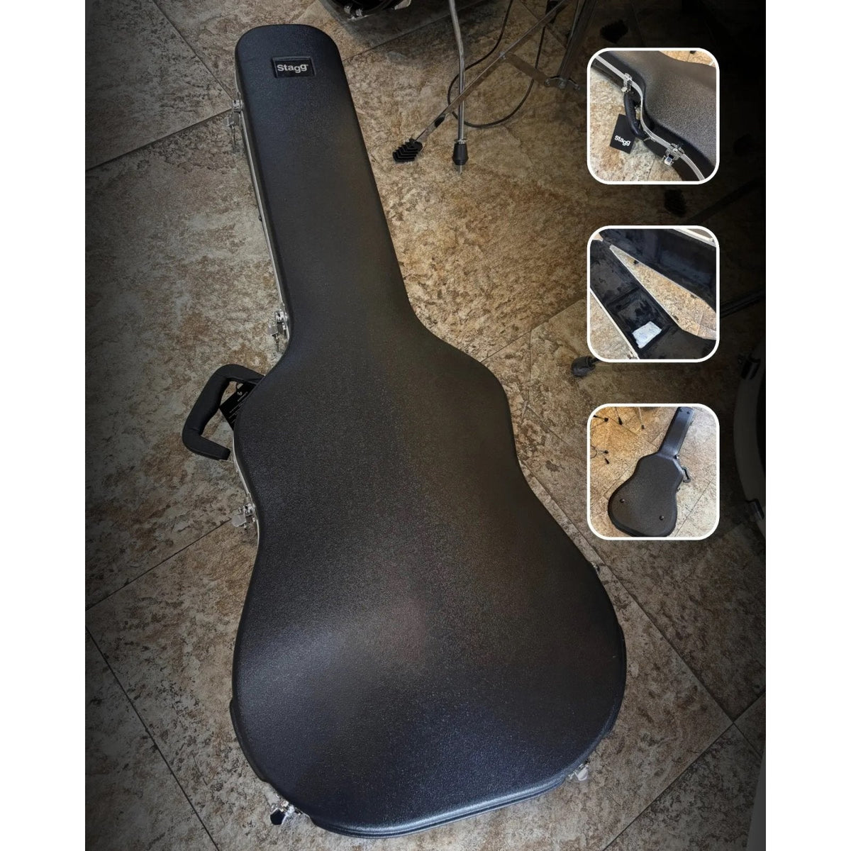 Stagg ABS-W 2 black ABS hardshell guitar case, closed, back view with detail insets