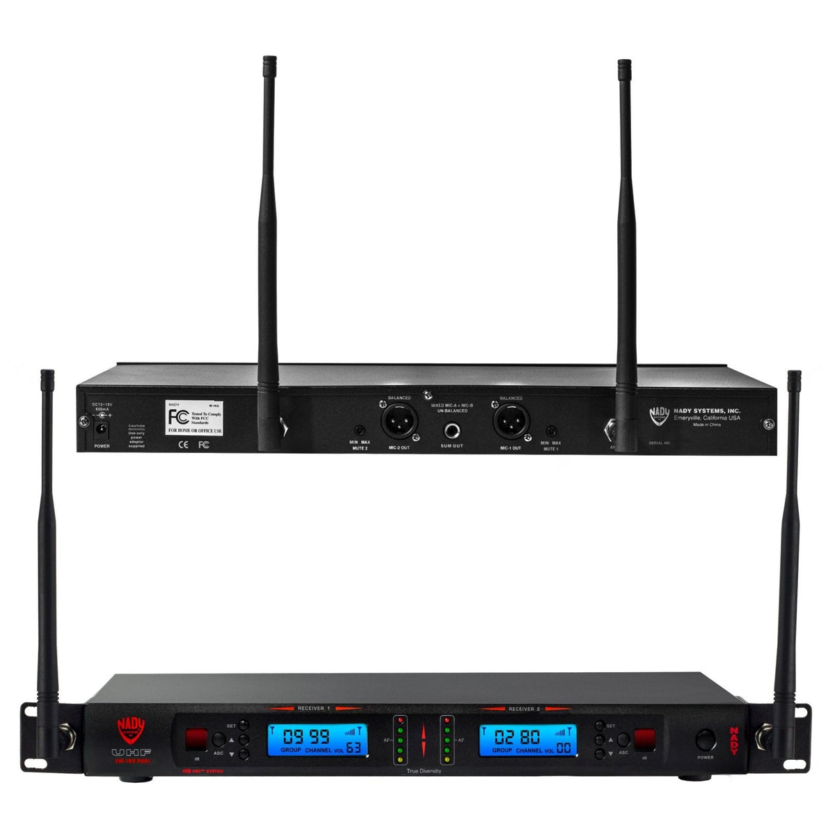 Nady 2W-1KU LT dual true diversity UHF receiver mounted in a rack, front and rear views
